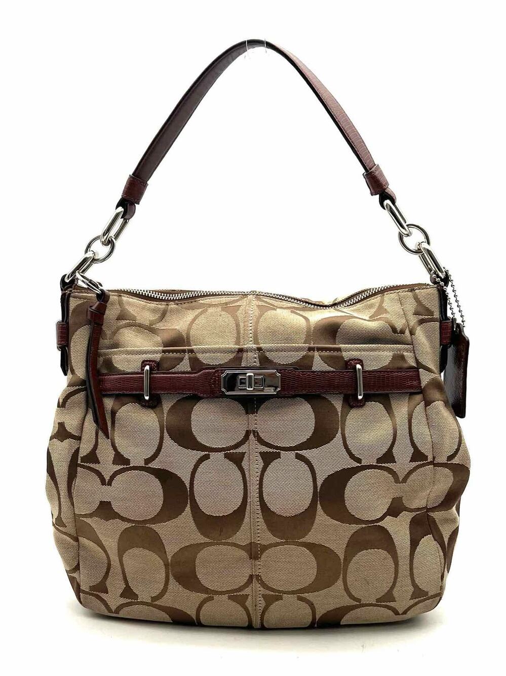 Coach Tan/Brown Turn-Lock Signature Fabric/Leather Designer Shoulder Bag